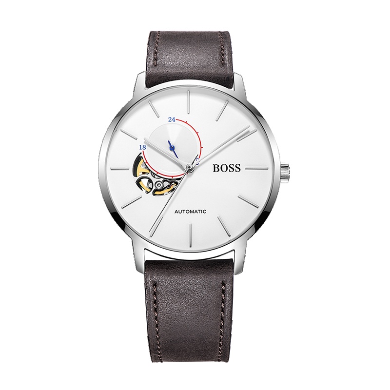 BOSS手表 巴赫系列 弯月小镂空白面24小时指针全自动机械手表 皮带防水男士机械腕表