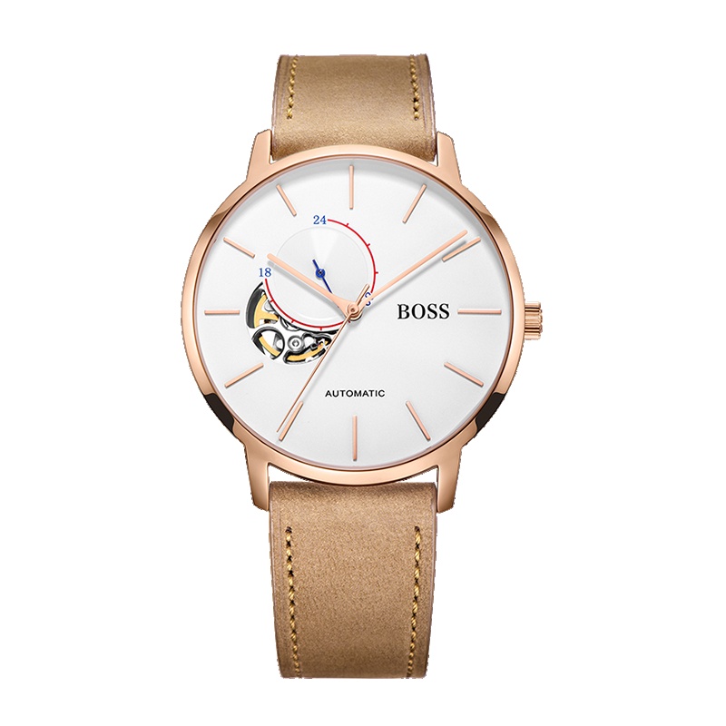 BOSS手表 巴赫系列 弯月小镂空白面24小时指针全自动机械 皮带防水男士手表腕表