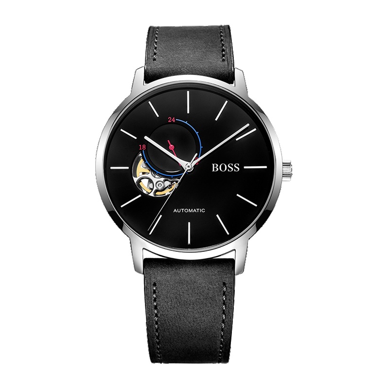 BOSS手表 巴赫系列 弯月小镂空黑面24小时指针全自动机械 皮带防水男士手表腕表
