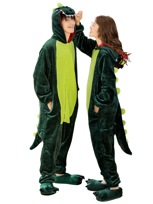 南极人卡通连体睡衣女恐龙情侣装法兰绒可爱动物冬季加厚珊瑚绒男家居服（绿恐龙）