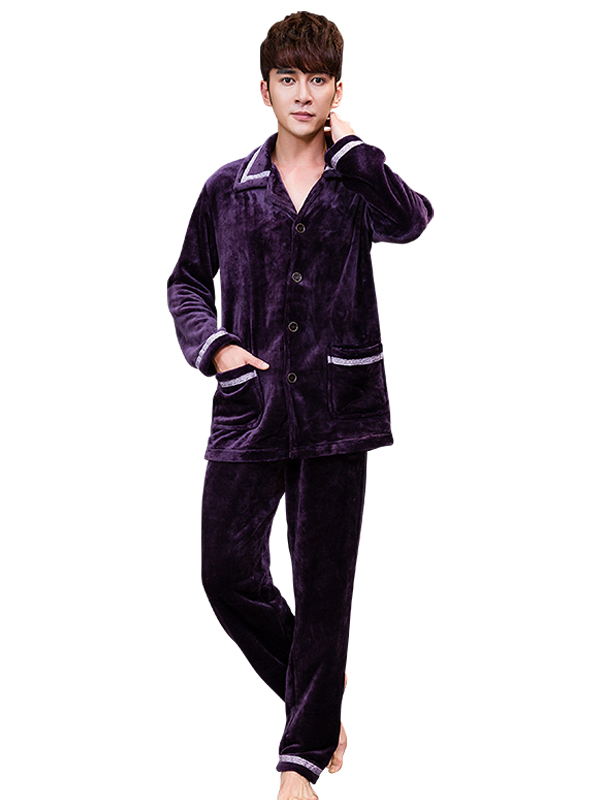 南极人睡衣男秋冬季珊瑚绒加厚加绒男士法兰绒保暖秋冬款长袖家居服套装（紫色织带）