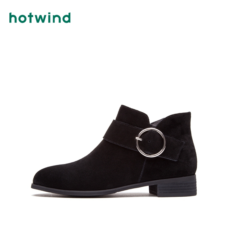 热风hotwind冬款优雅女士圆扣时装靴中跟短靴女拉链低跟靴子H82W7405