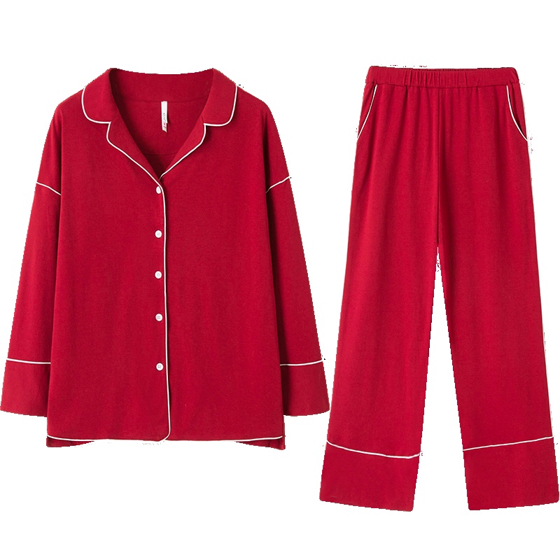 安之伴特卖睡衣女秋棉质红色喜庆开衫长袖宽松大码长裤两件套装家居服