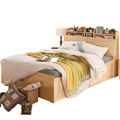 松香门第 床 实木儿童床 1.5米单人松木床 1.8米双人床 简约木床 实木卧室住宅家具 高箱床(包安装)