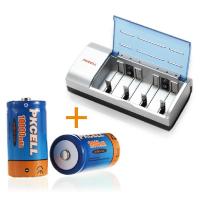 PKCELL 2节1号充电电池加智能快速极速快易充电器套装 大号电池
