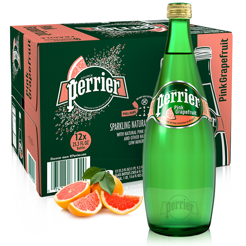 巴黎水(Perrier) 含气天然矿泉水 西柚味750ml*12瓶 法国进口