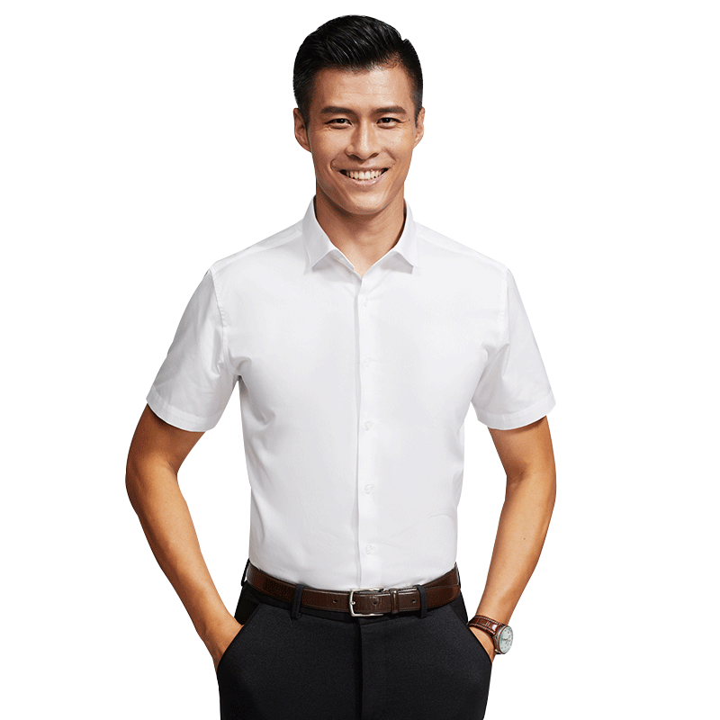 虎豹短袖纯白尖领衬衫男商务正装修身宽松版型男士休闲衬衣