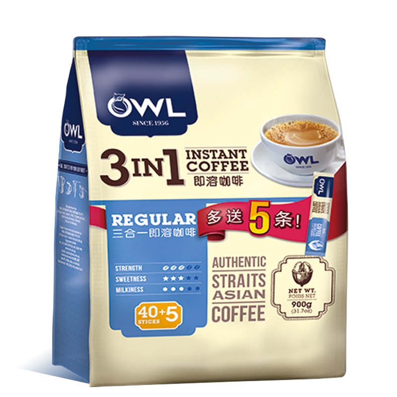 马来西亚进口 新加坡OWL猫头鹰 三合一速溶咖啡900克 45条 学生办公室冲饮品