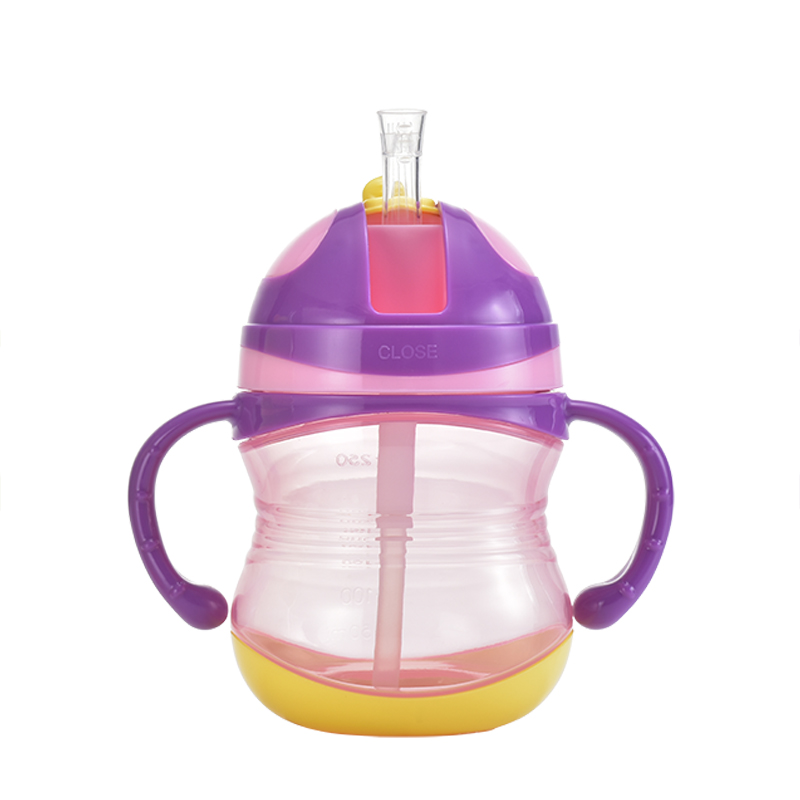 盟宝防漏宝宝吸管杯带手柄喝水杯瓶婴儿学饮杯儿童水壶吸水杯紫色