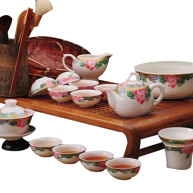 陶瓷手绘荷花功夫茶具 茶壶 盖碗 茶洗碗 套装