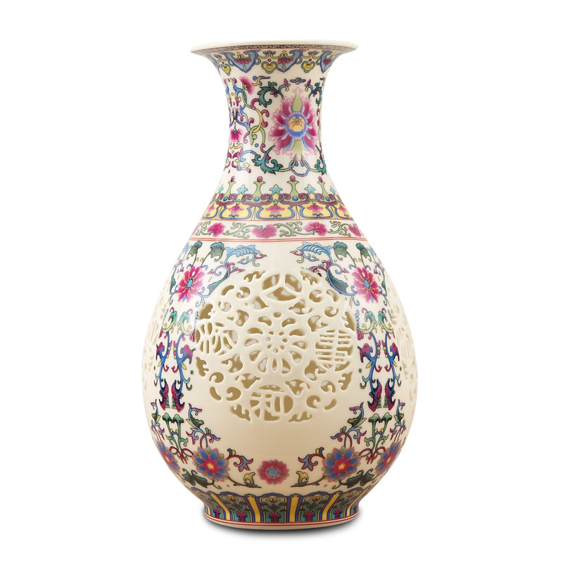 景德镇陶瓷器玲珑镂空青花瓷瓶白色花瓶客厅复古个性创意装饰摆件玉壶春