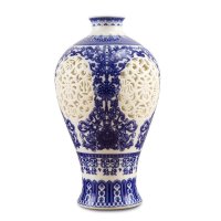 景德镇陶瓷器玲珑镂空青花瓷瓶白色花瓶客厅复古个性创意装饰摆件青梅瓶