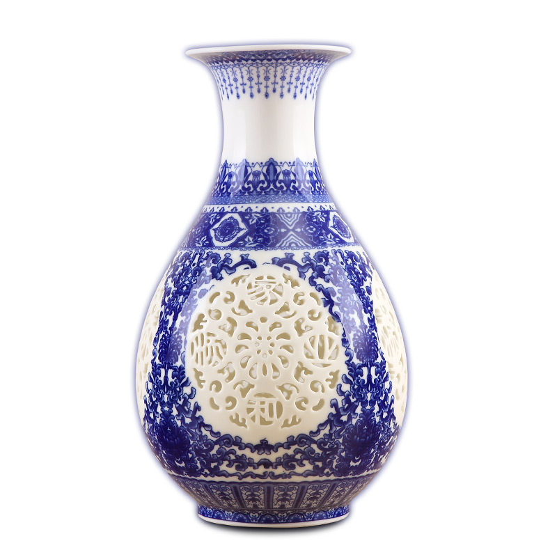 景德镇陶瓷器玲珑镂空青花瓷瓶白色花瓶客厅复古个性创意装饰摆件青玉壶春