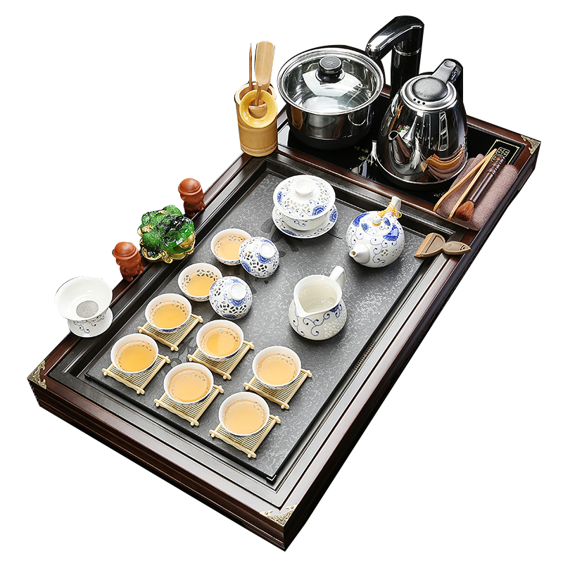 整套家用陶瓷功夫茶具套装特价四合一电磁炉实木茶盘茶台茶海款3禅茶乌金石玲珑