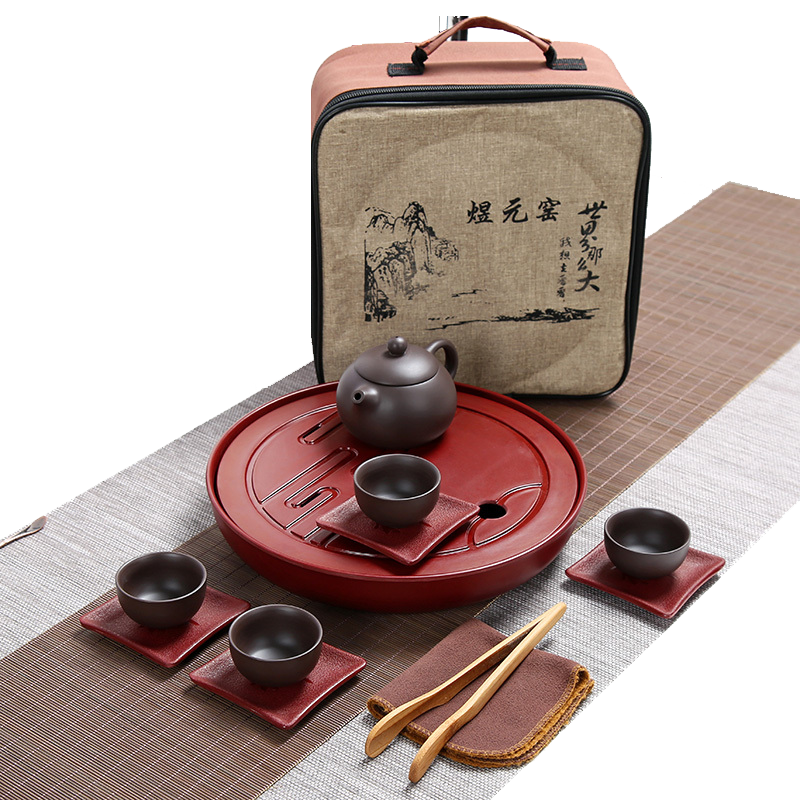 紫砂茶具套装便携旅行茶具商务送礼品带旅行包密安茶盘颜色7