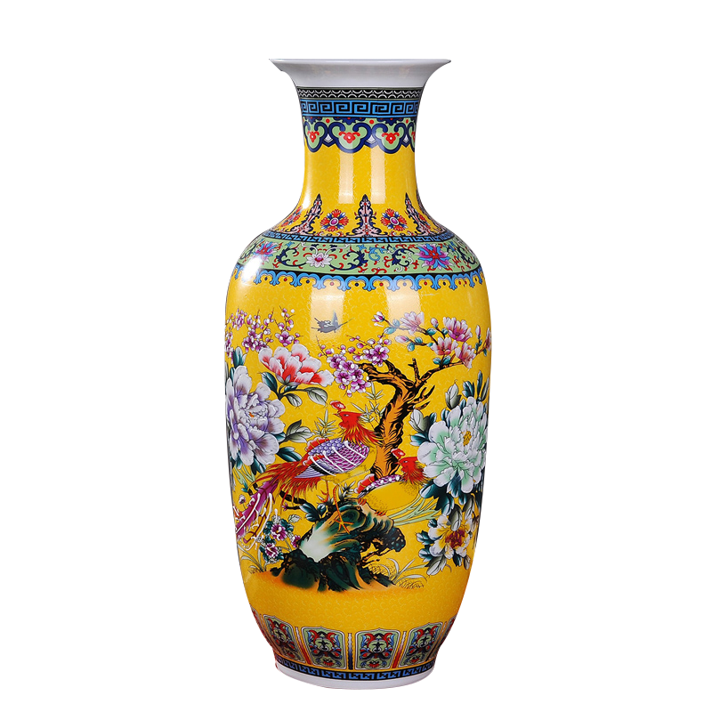 景德镇陶瓷花瓶简欧式落地大花瓶插花现代中式客厅装饰品电视柜摆件 黄色冬瓜