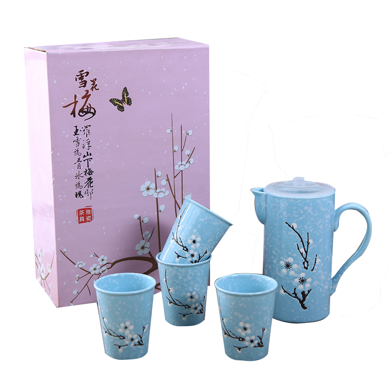 陶瓷水具茶具套装陶瓷创意冷水壶套装耐高温家用凉水壶套装杯具礼盒装 蓝色