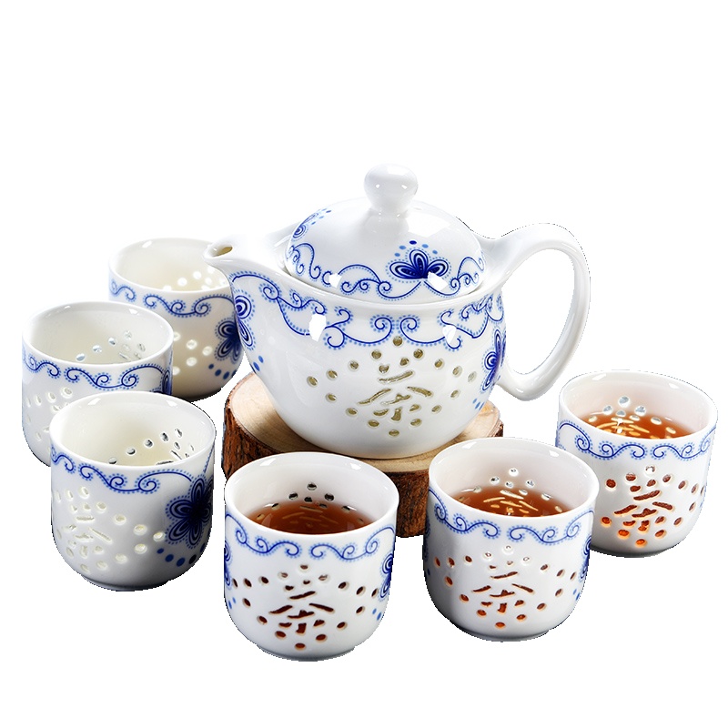 彩帮青花玲珑镂空陶瓷茶具套装家用大茶壶茶杯功夫泡茶器日式茶道