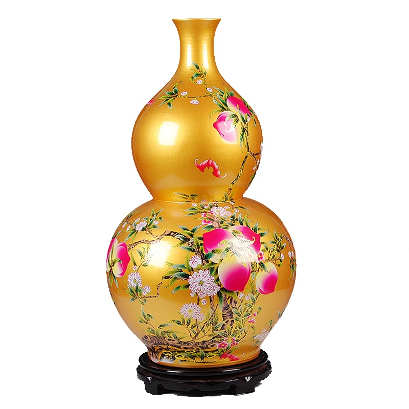 彩帮景德镇陶瓷摆件 欧式金色福寿图葫芦落地花瓶客厅装饰品摆件 大号