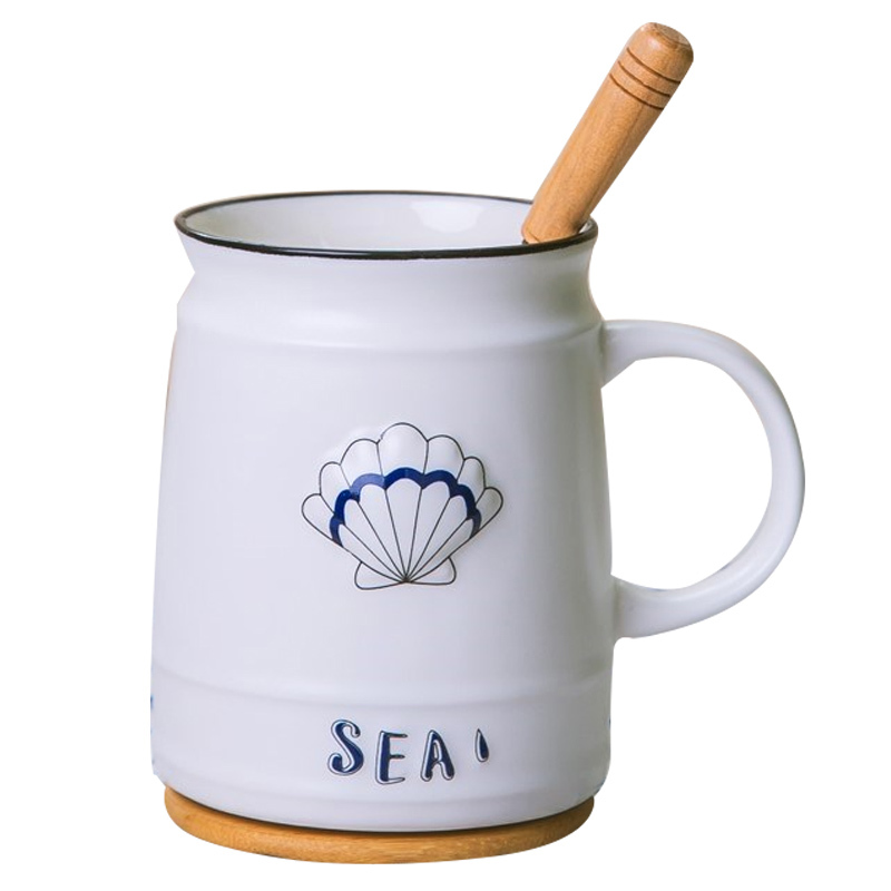 彩帮创意浮雕马克杯家用女燕麦早餐牛奶杯创意海洋风水杯陶瓷杯子带盖