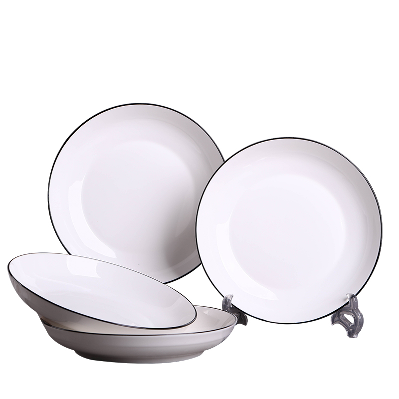 LICHEN菜盘子北欧风格纯白黑线碟子圆形8英寸4个装