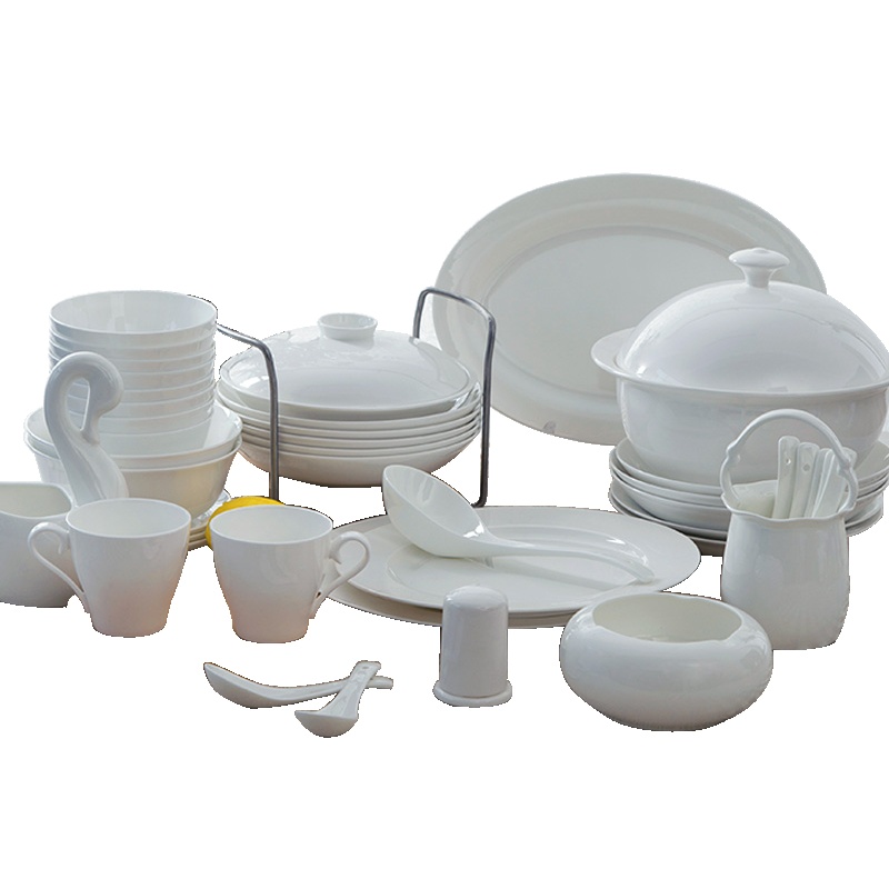 LICHEN 釉下彩骨瓷餐具纯白套装景德镇陶瓷器碗盘碗碟微波炉适用60头圆形纯白餐具