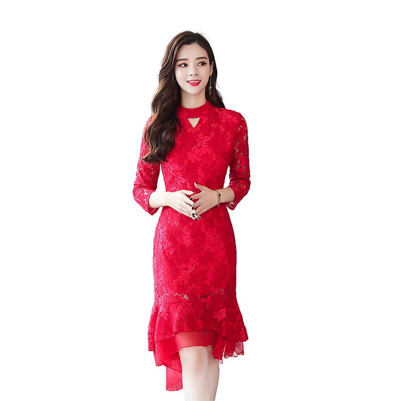 无畏衣衣2020新款女春装韩版喜庆红色礼服裙时尚鱼尾裙蕾丝中长款结婚连衣裙子