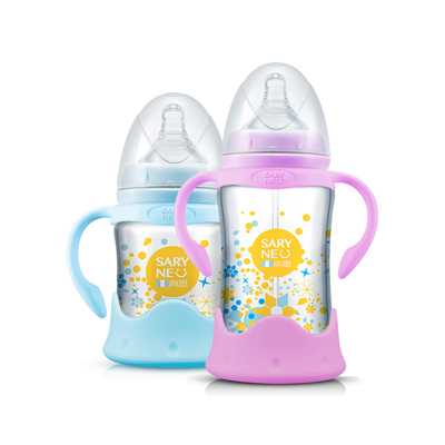 法国尚恩婴儿宽口径新生儿童晶钻带胶套防摔玻璃奶瓶125ML-蓝色