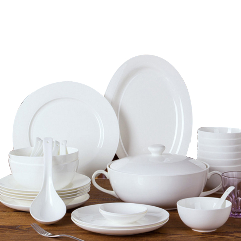 瓷物语46头圆形碗盘碟 景德镇骨瓷餐具 纯白系列套装