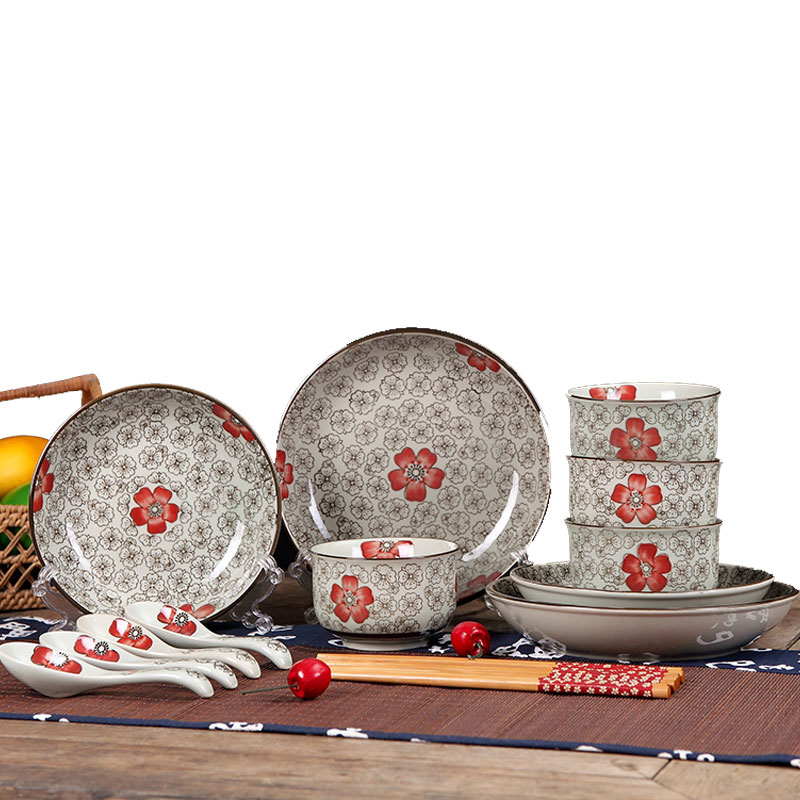 瓷物语(ciwuyu)12头米饭碗家用 陶瓷餐具套装碗盘碟勺厨房餐具 韩式碗红富贵