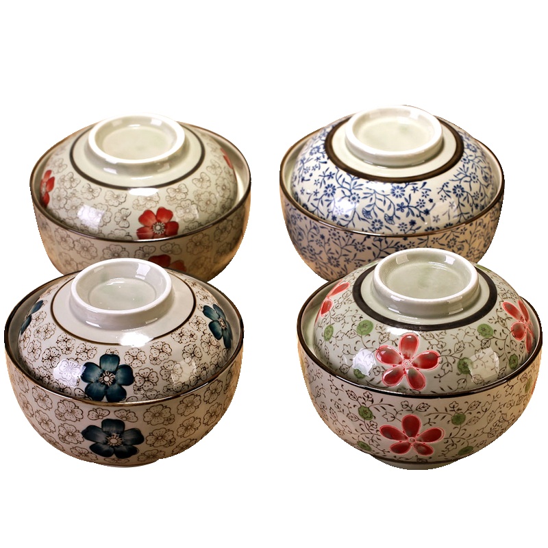 瓷物语日式和风陶瓷碗保温防尘碗6.5英寸碗饭碗套装釉下彩带盖创意炖盅 大红花