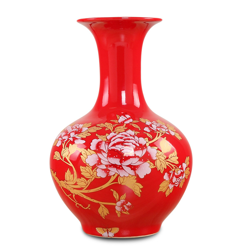 瓷物语中国风红色花插花瓶 景德镇陶瓷器艺术品 中号客厅个性结婚礼物摆件 赏瓶