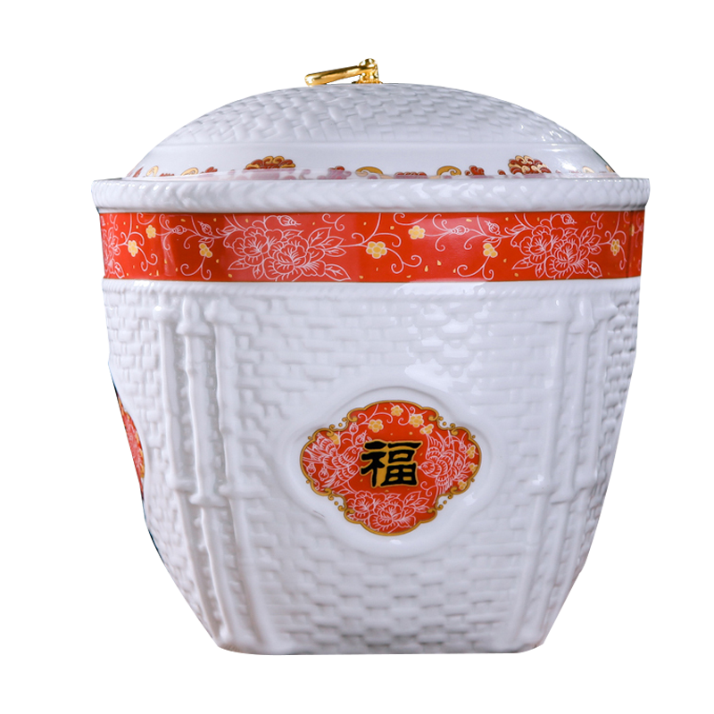 陶瓷米桶米缸储米箱带盖密封防虫防潮装 15斤五福临门