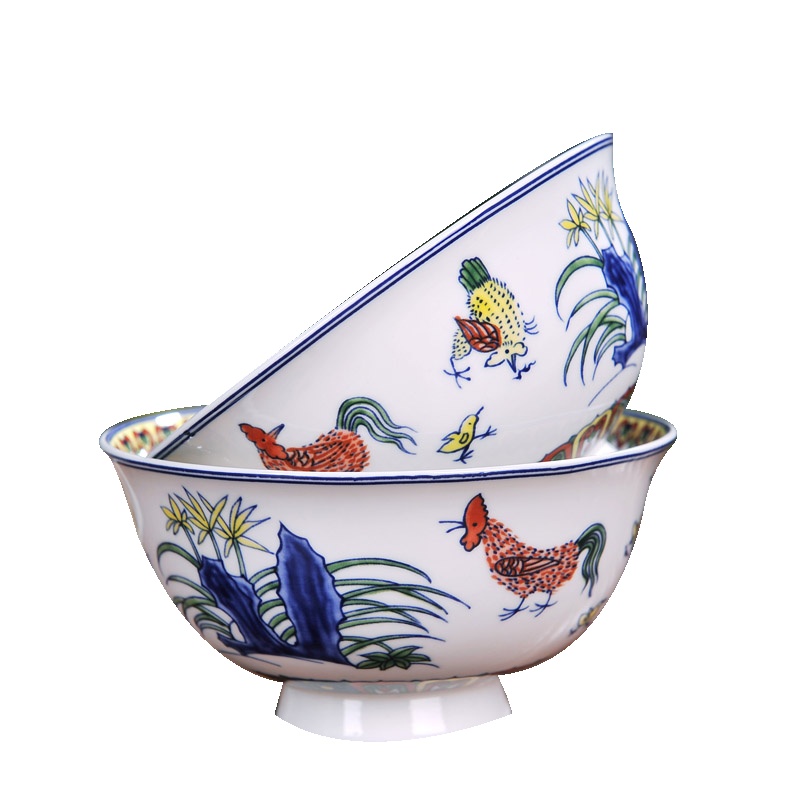 瓷物语仿古瓷碗 陶瓷米饭碗 5.5英寸高脚餐具碗中式骨瓷碗 仿明鸡公碗5个套装