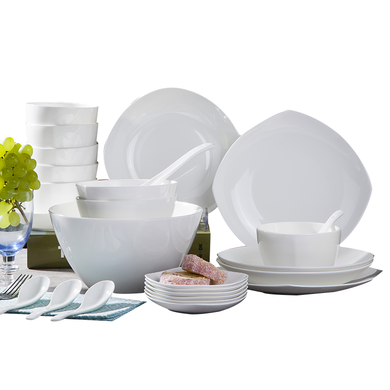 瓷物语餐具套装中式简约碗盘家用纯白陶瓷 28头方碗套装