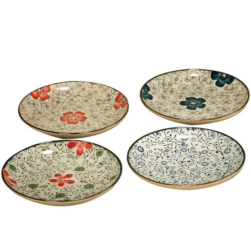 瓷物语4个装西餐盘牛排盘碟陶瓷创意餐具圆形盘子菜盘家用 红富贵7英寸