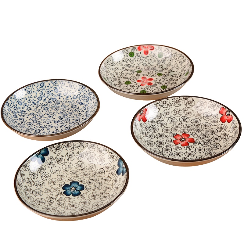 瓷物语4个装西餐盘牛排盘碟陶瓷创意餐具圆形盘子菜盘家用 大红花8英寸