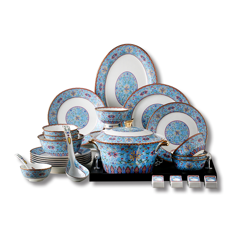 瓷物语cwy碗碟套装中式家用珐琅彩碗盘瓷碗盘子碗饭碗景德镇骨瓷餐具