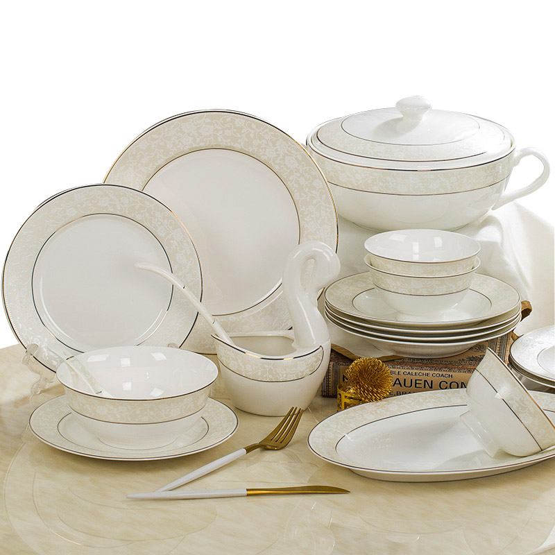 瓷物语cwy58头欧式碗碟套装家用明火煲骨瓷餐具简约碗筷碗具碗盘子陶瓷饭碗组合装