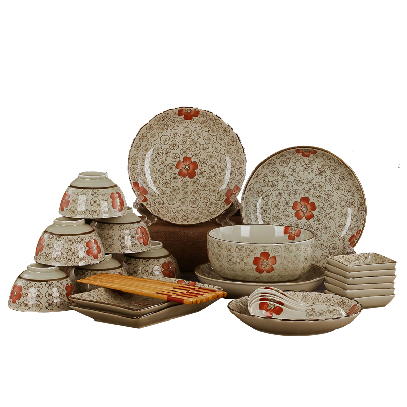 瓷物语釉下彩手绘创意碗套装31头餐具 高脚防烫日式碗碟筷盘结婚礼物（红富贵）