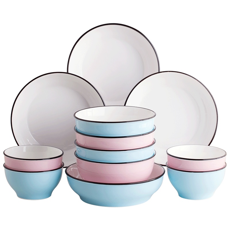 瓷物语创意色釉吃饭碗盘子碗套装日式碗碟套装2到4人陶瓷餐具套装(蓝粉组合)