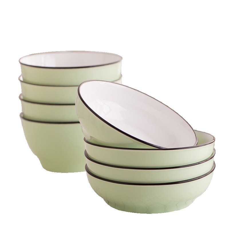 瓷物语4个6.5英寸日式简约纯色盘子可盛汤盘加大容量深盘陶瓷菜盘家用饭盘(清新绿)