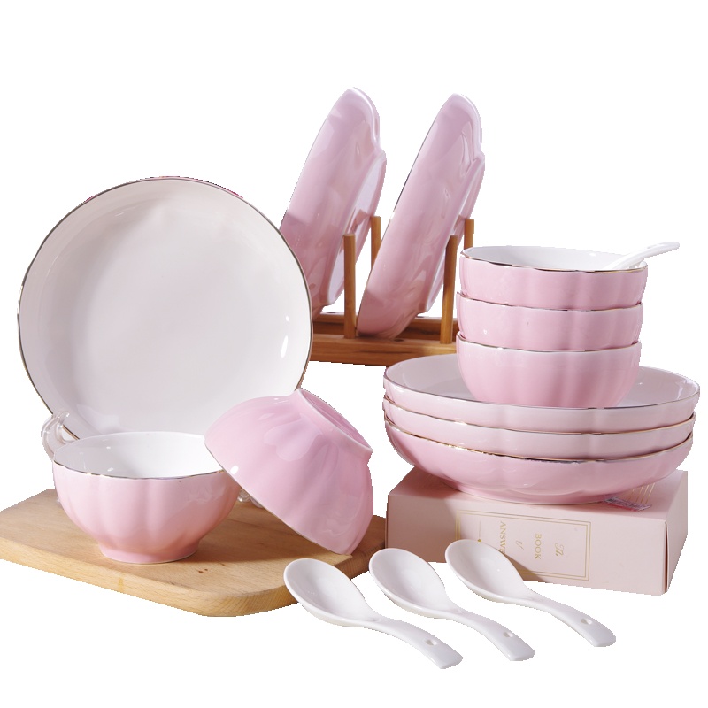 瓷物语北欧风餐具系列微波炉适用创意家用陶瓷餐具组合套装(粉色6碗(4.5英寸)6盘(8英寸))