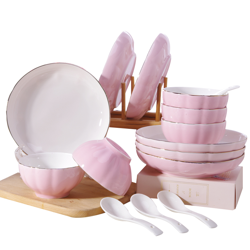 瓷物语北欧风餐具系列微波炉适用创意家用陶瓷餐具组合套装(粉色4碗(4.5英寸)4盘(8英寸))