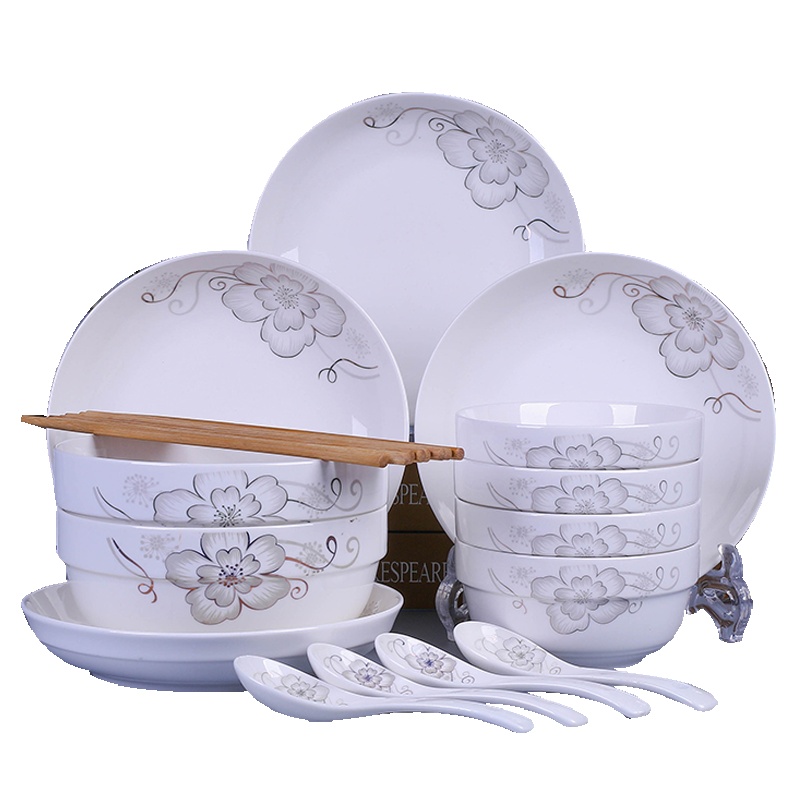 瓷物语中式餐具家用19件碗盘碟套装简约清新饭碗圆盘菜盘子组合餐具(简爱)
