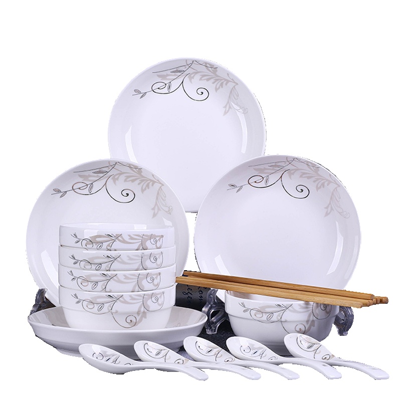 瓷物语中式餐具家用19件碗盘碟套装简约清新饭碗圆盘菜盘子组合餐具(金枝)