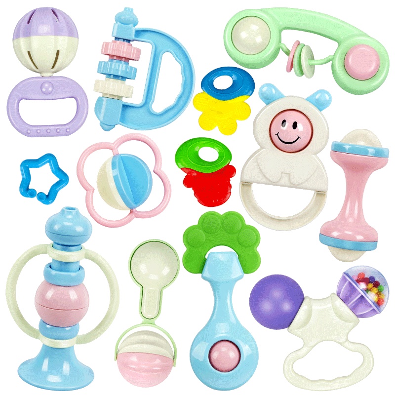 [礼袋装]牙胶9件套 幼儿手摇铃婴儿玩具0-3-6-12个月宝宝男女孩牙胶简约宝宝牙胶