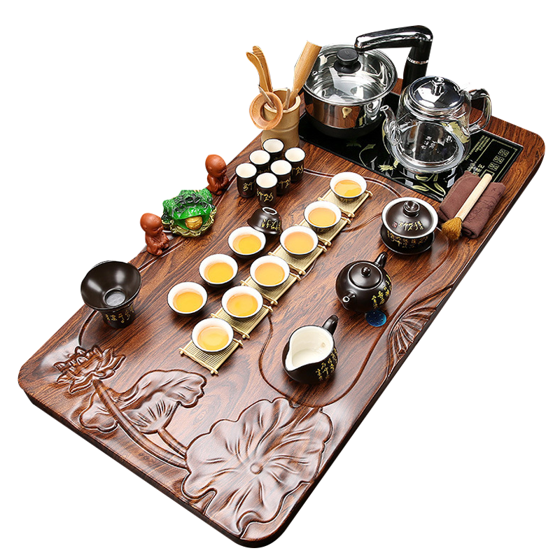 茶具套装功夫茶具整套柯木实木茶盘带热水壶茶壶茶杯四合一茶具 黑紫砂+佛盘+电磁炉