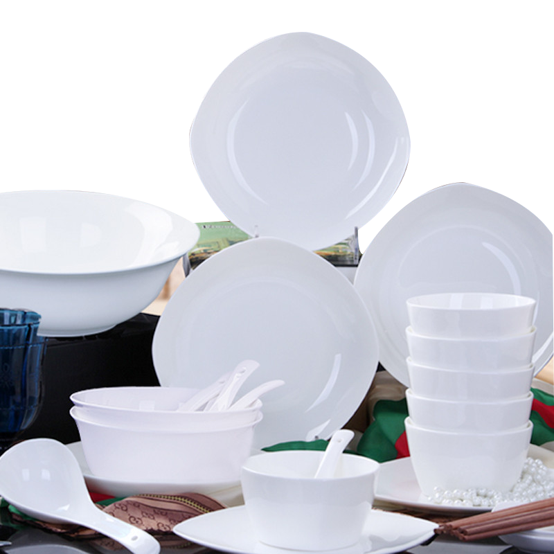 风源餐具套装 景德镇纯白骨瓷餐具 30头碗盘碟套装餐具 方形碗配置
