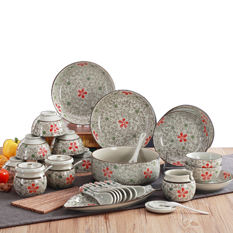 餐具套装 微波炉可用日式釉下彩创意家用陶瓷碗盘碟36头 大红花高脚碗配置